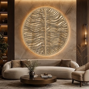 May include: A large circular wooden wall art piece featuring a symmetrical design of horizontal wavy, carved lines. The artwork is mounted on a textured wall and illuminated by a warm, circular backlight that highlights the wood grain texture.