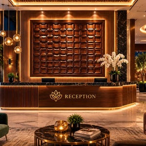 May include: A hotel reception desk featuring a dark wood front with a gold lotus flower logo and the word RECEPTION. The desk has a black marble top, warm under-cabinet lighting, and a large, textured wooden wall panel behind it in a lobby.