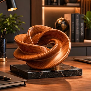 May include: A wooden sculpture with a knot design, resting on a black marble base. The sculpture has a warm brown color with visible wood grain. The base has gold veining. The sculpture is a decorative item.