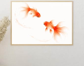 Minimal Goldfish Wall Art, Soft Japanese Fish Print, Watercolor Decor