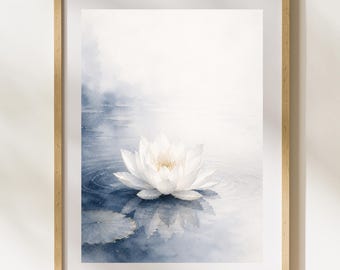 White Water Lily Wall Art, Japanese Watercolor Print, Japandi Decor