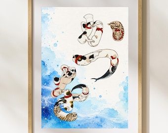 Utagawa Kuniyoshi Inspired Cat Letter Art, Japanese “Katsuo” Print
