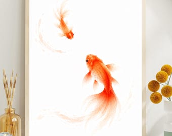 Vertical Goldfish Wall Art, Japanese Minimal Fish Print, Watercolor Decor