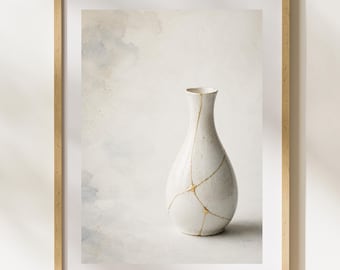 White Kintsugi Vase Wall Art, Japandi Printable, Wabi Sabi Decor