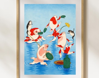 Japanese Goldfish Party Wall Art Inspired by Utagawa Kuniyoshi