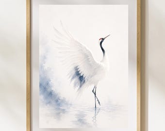 White Crane Wall Art, Japanese Watercolor Print, Japandi Decor