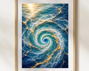 Kintsugi Ocean Whirlpool Wall Art, Japanese Coastal Printable Decor