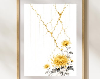 Kintsugi Chrysanthemum Wall Art, Japanese Wabi Sabi Printable Decor