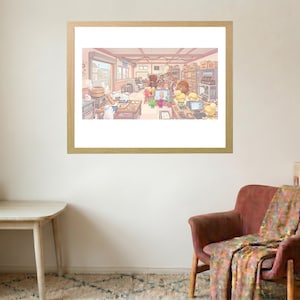 Puede incluir: Una impresión enmarcada de una escena interior, probablemente una tienda o taller, con una paleta de colores cálidos. La obra de arte representa varias figuras, posiblemente animales, trabajando en mostradores y computadoras. El estilo es ilustrativo y detallado.
