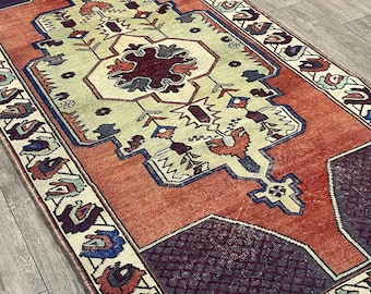 4.3x8.3 FT Vintage Turkish Runner Rug, Handmade Anatolian Rug, Large Oushak Runner, Boho Hallway Carpet