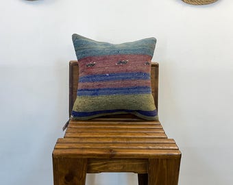 Housse de coussin kilim vintage, coussin lombaire en laine fait main, style côtier bohème 16 x 16