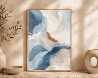 Blue Abstract Printable Wall Art, Navy Beige Coastal Minimalist Print Download