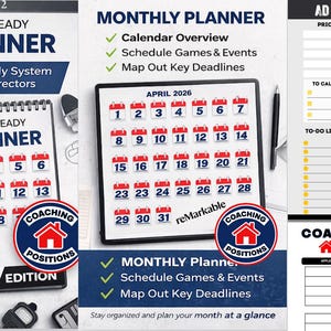 以下が含まれることがあります： 運動ディレクター向けのプランナーと組織ツール。カレンダー付きの「Game Day Ready AD Planner」、デジタル月間プランナー、および「AD Command Center」テンプレートが含まれています。「Coaching Positions」ロゴが特徴です。