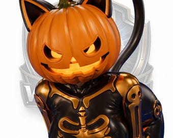 Könnte beinhalten: Halloween-Figur mit einem Kürbiskopf in Katzenform, mit geschnitztem Gesicht. Die Figur hat einen schwarzen Körper mit goldenen Skelett-Details. Ein schwarzer Schwanz krümmt sich nach oben. Halloween-Dekoration.