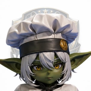 May include: A green-skinned goblin figure wearing a white chef's hat with a black band and a gold emblem. The figure has white hair, large yellow eyes, and is dressed in a white chef's uniform. A crest is visible in the background.