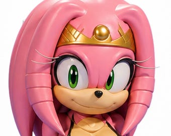 May include: A close-up of a pink hedgehog character with green eyes, wearing a gold crown and a black bikini top. The character has long, flowing pink hair and a small, black nose. The image is brightly lit and detailed.