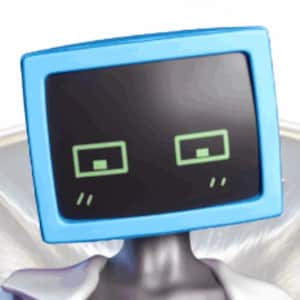 Peut inclure: Une figurine avec un écran de télévision bleu vif en guise de tête, sur un affichage sombre. L'écran présente deux yeux rectangulaires verts avec de petites pupilles centrales et deux courtes lignes verticales vertes sous chaque œil sur un fond noir.