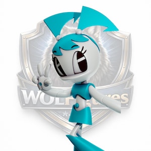 May include: A stylised robot figure with a white spherical head, large black eyes, and teal hair-like appendages. The figure has a teal torso and limb accents, with one hand raised in a peace sign gesture, positioned in front of a silver shield emblem.