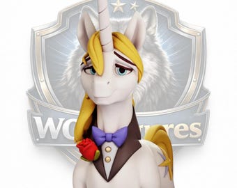 Könnte beinhalten: Eine weiße Einhornfigur mit gelber Mähne und Schweif, die einen schwarzen Smoking mit lila Fliege und roter Rose trägt. Der Hintergrund zeigt ein silbernes Emblem mit einem Wolf und dem Text "WOOFURES".