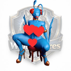 May include: A blue figurine of a humanoid insectoid creature with red eyes, sitting on a small stool. The figure is wearing gold accents and high heels. The background features a shield design with the word "Wonders".