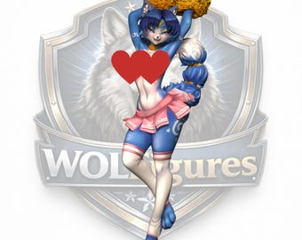 Könnte beinhalten: Blaue und weiße Figur einer Cartoonfigur mit katzenartigem Gesicht, die gelbe Pompons hält. Die Figur trägt einen rosa Rock und weiße Strümpfe. Die Figur steht auf einem schwarzen Sockel mit dem Text "WOLFfigures" im Hintergrund.