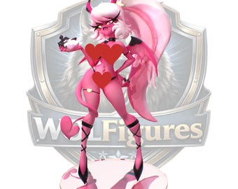 Könnte beinhalten: Eine pinkfarbene Figur eines weiblichen Dämons mit Hörnern, Flügeln und einem langen Pferdeschwanz. Die Figur hält ein kleines Objekt und steht auf einer transparenten Basis. Der Text "WOLF Figures" ist im Hintergrund sichtbar.