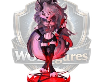 Könnte beinhalten: Figur einer wolfsähnlichen Figur in einem schwarz-roten Outfit, die einen roten Gegenstand hält. Die Figur steht auf einer rot-weißen kreisförmigen Basis mit einem Pentagramm-Design. Der Hintergrund zeigt ein Schild mit dem Text "Wolf Figures".