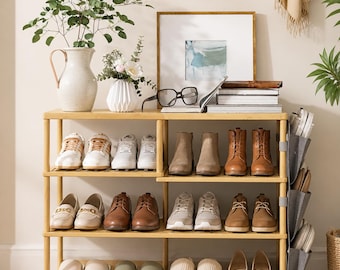 Bamboo Shoe Rack 4-Tier, Space Saving Shoe Organizer for 24 Pairs with Side Pocket