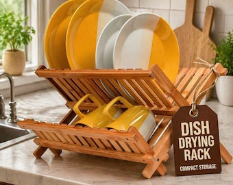 2 Tier Bamboo Dish Rack – Foldable Eco Kitchen Drying Stand Wooden Kitchen Organizer