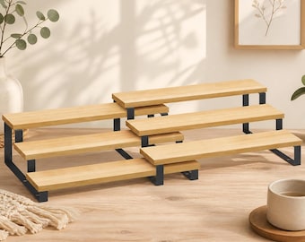 Set of 2 Tiered Display Risers, Wood Countertop Organizer Shelf