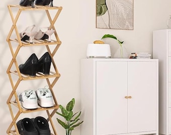 Foldable Bamboo Shoe Rack – 4/6 Tier Vertical Shoe Organizer for Small Spaces