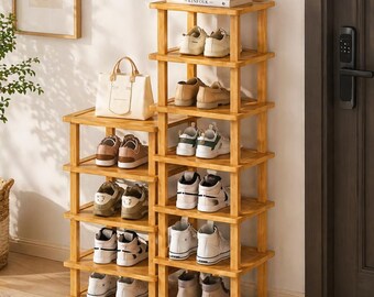 12 Tier Bamboo Shoe Rack | Slim Vertical Organizer for Entryway Closet