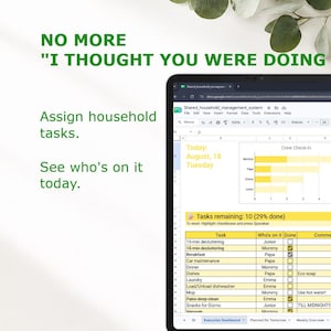 May include: A tablet displaying a shared Google Sheets household planner with a task list, a crew check-in bar chart, and the text NO MORE I THOUGHT YOU WERE DOING IT. The screen shows columns for tasks, assignees, checkboxes, and comments.