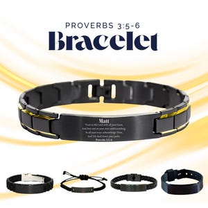 May include: A black and gold link bracelet featuring the text "PROVERBS 3:5-6 BRACELET" and a central plate engraved with the name "Matt" and the full scripture verse. Four additional black bracelets are displayed below in various styles.