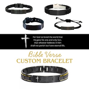 May include: A collection of black bracelets with various designs, including braided leather, rubber, and mesh. Each bracelet features a blank metal plate. The image also displays the text "For God so loved the world..." and "Bible Verse CUSTOM BRACELET."