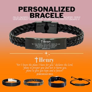 May include: A black braided leather bracelet featuring a rectangular metal plate engraved with a cross, the name Henry, and the Bible verse Jeremiah 29:11. The design includes a secure metal clasp and a sleek, dark finish for a modern appearance.