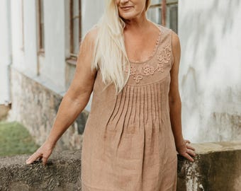 Brown Linen Dress with Hand Crochet Detail, Sleeveless Linen Summer Dress, Relaxed Linen Dress, Vacation Dress for Women
