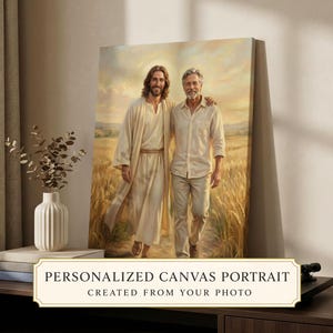 May include: A rectangular canvas print featuring a digital painting of a man with grey hair and a beard walking through a wheat field alongside a figure in a long robe. The artwork displays warm, golden tones and a soft, glowing light in the sky.