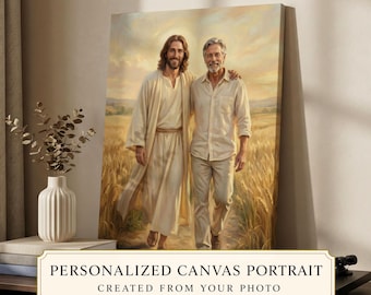 Personalisierte Leinwand Porträt mit Jesus, benutzerdefinierte Vatertagsgeschenk für Papa, christliches Porträt vom Foto, fertig zum Aufhängen