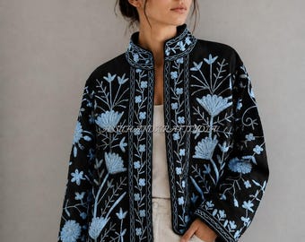Handcrafted Suzani Embroidered Cotton Jacket | Black Floral Boho Blazer Coat
