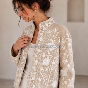 Handmade Velvet Suzani Jacket | Beige Floral Embroidered Boho Coat | Gift For Her