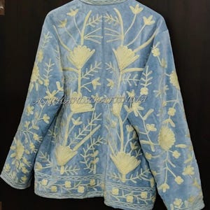 Handmade Velvet Suzani Jacket | Blue Floral Embroidered Boho Coat image 13