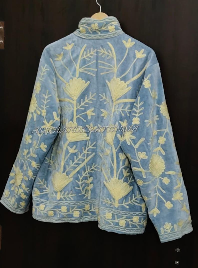 Handmade Velvet Suzani Jacket | Blue Floral Embroidered Boho Coat image 13