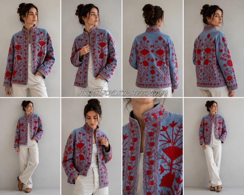 May include: A light blue jacket featuring intricate red floral embroidery throughout the front, back, and sleeves. The jacket has a high collar, long sleeves, and a straight hemline, worn over a white top and white trousers.