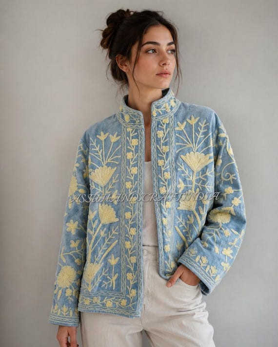 Handmade Velvet Suzani Jacket | Blue Floral Embroidered Boho Coat