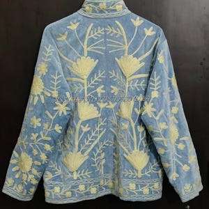 Handmade Velvet Suzani Jacket | Blue Floral Embroidered Boho Coat image 3