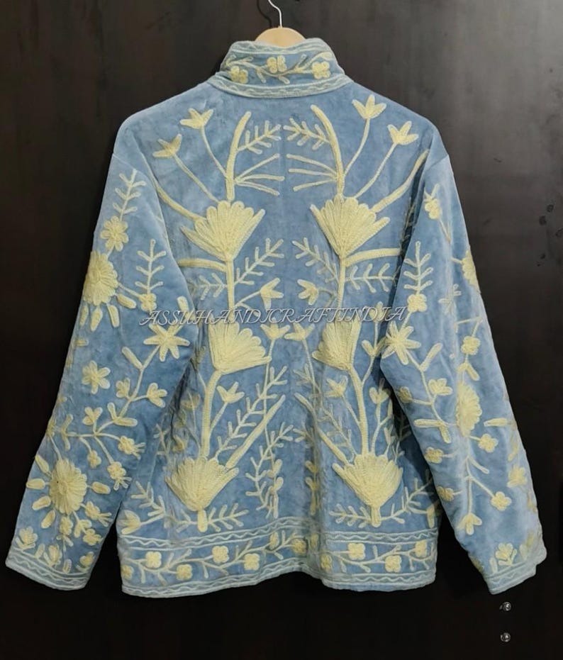 Handmade Velvet Suzani Jacket | Blue Floral Embroidered Boho Coat image 3