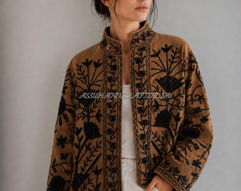 Handmade Velvet Suzani Embroidered Jacket | Boho Floral Kimono Style Jacket