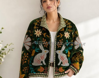 Handmade Embroidered Velvet Jacket | Green colour Animal Motifs | Striped Lining.