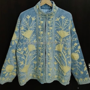 Handmade Velvet Suzani Jacket | Blue Floral Embroidered Boho Coat image 6